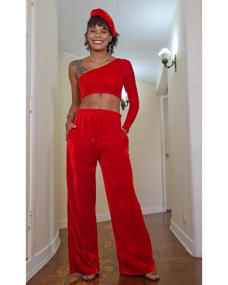 CALÇA RETA VELUDO VERMELHO