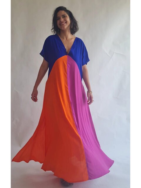VESTIDO ELKE azul, laranja e fucsia