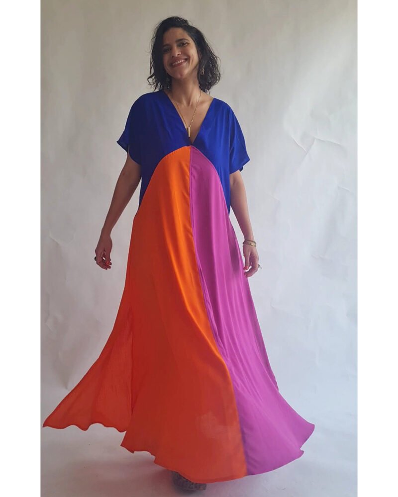 VESTIDO ELKE azul, laranja e fucsia
