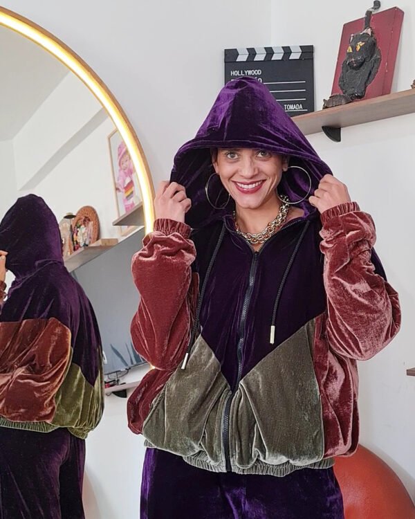 JAQUETA FÊNIX RECORTES VELUDO ROXO BERINJELA, VERDE, MARROM
