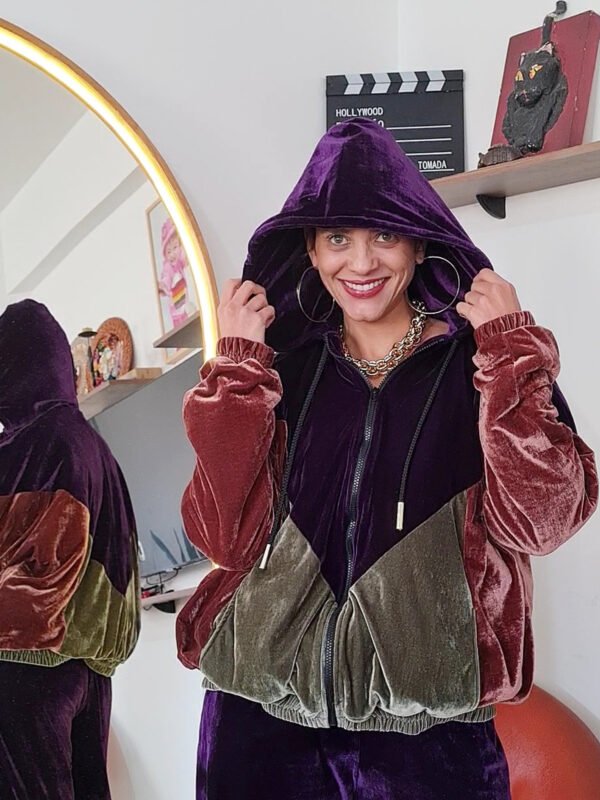 JAQUETA FÊNIX RECORTES VELUDO ROXO BERINJELA, VERDE, MARROM