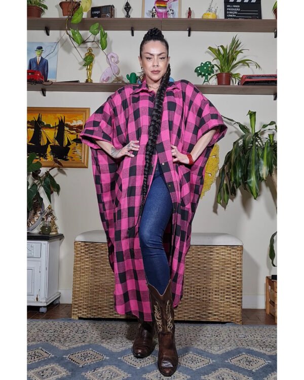 CAMISÃO CRIS LONGO FLANELA XADREZ PINK E PRETO