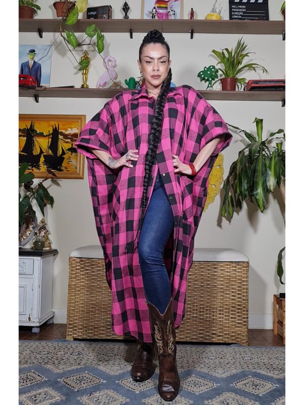 CAMISÃO CRIS LONGO FLANELA XADREZ PINK E PRETO