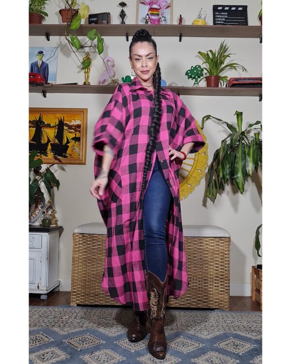 CAMISÃO CRIS LONGO FLANELA XADREZ PINK E PRETO - Imagem 2