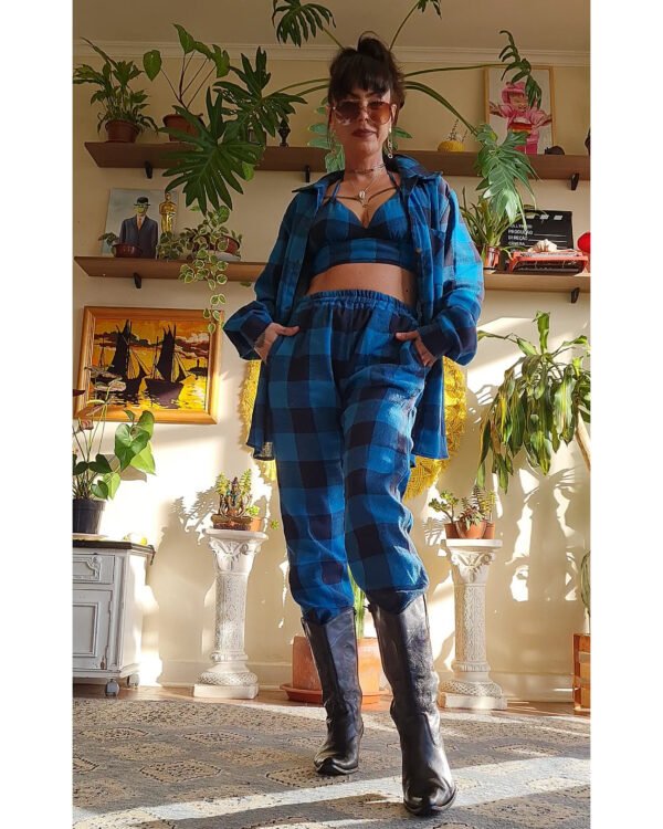 CALÇA MARIA JOÃO FLANELA XADREZ AZUL E PRETO - Imagem 3