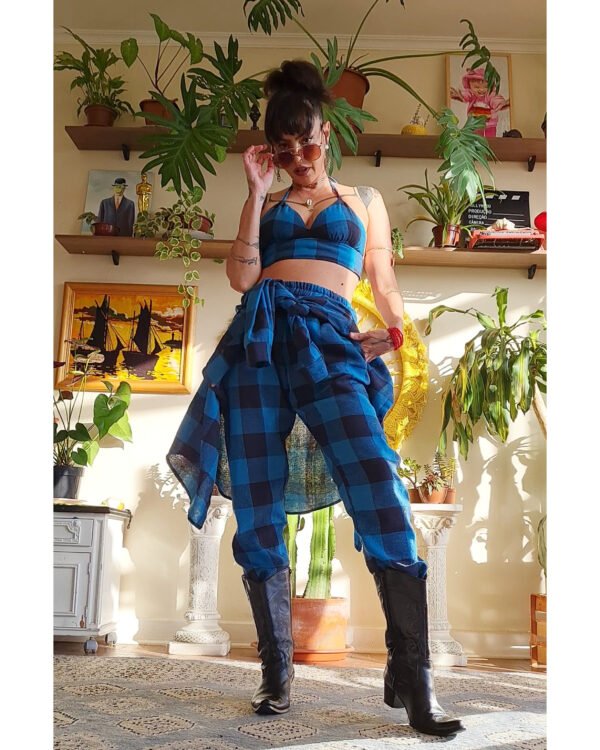 CALÇA MARIA JOÃO FLANELA XADREZ AZUL E PRETO