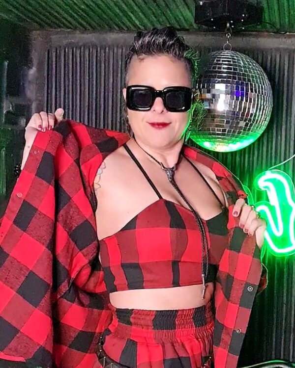 TOP CORSET DUPLA FACE COURO E FLANELA XADREZ VERMELHO E PRETO - Imagem 3