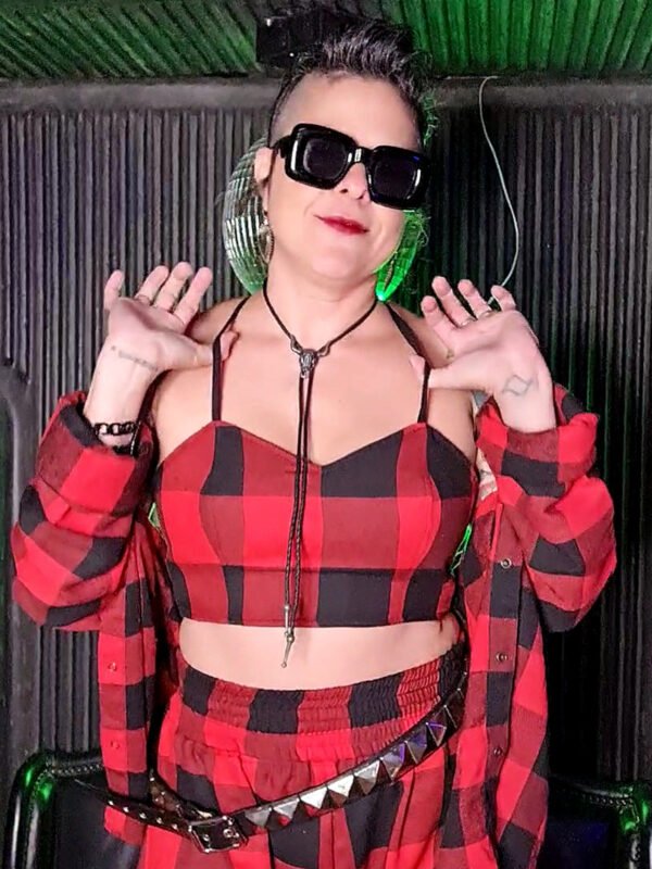 TOP CORSET DUPLA FACE COURO E FLANELA XADREZ VERMELHO E PRETO