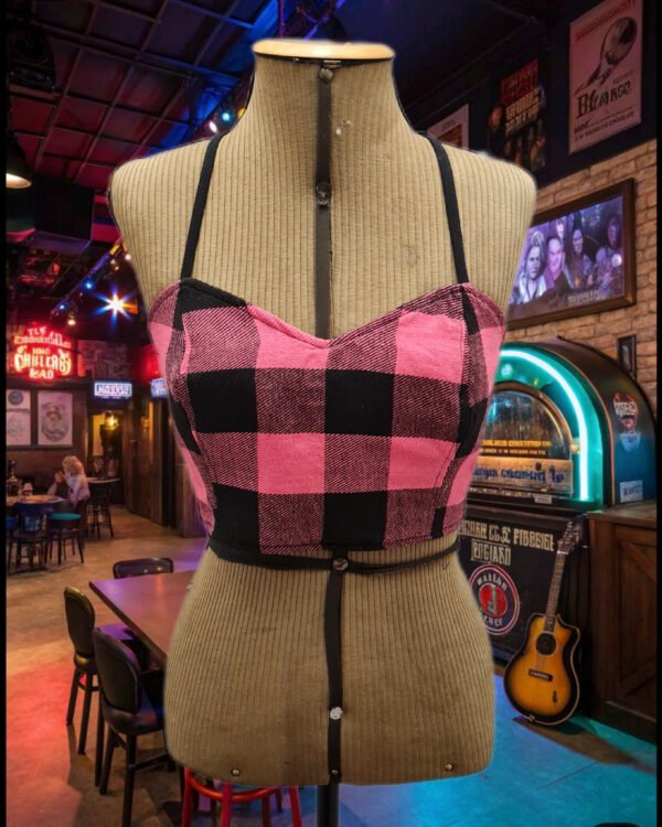 TOP CORSET DUPLA FACE COURO E FLANELA XADREZ PINK E PRETO