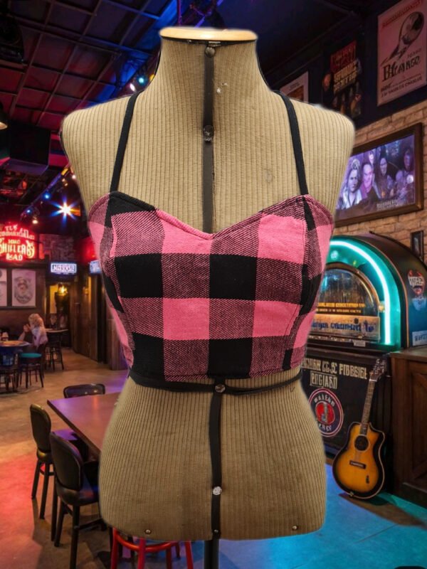 TOP CORSET DUPLA FACE COURO E FLANELA XADREZ PINK E PRETO