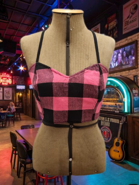 TOP CORSET DUPLA FACE COURO E FLANELA XADREZ PINK E PRETO