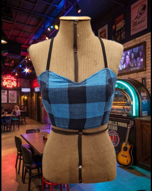 TOP CORSET DUPLA FACE COURO E FLANELA XADREZ AZUL E PRETO