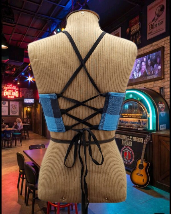 TOP CORSET DUPLA FACE COURO E FLANELA XADREZ AZUL E PRETO - Imagem 2