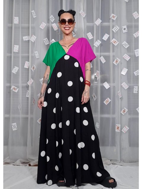 VESTIDO ELKE BOLAS, FÚCSIA E VERDE