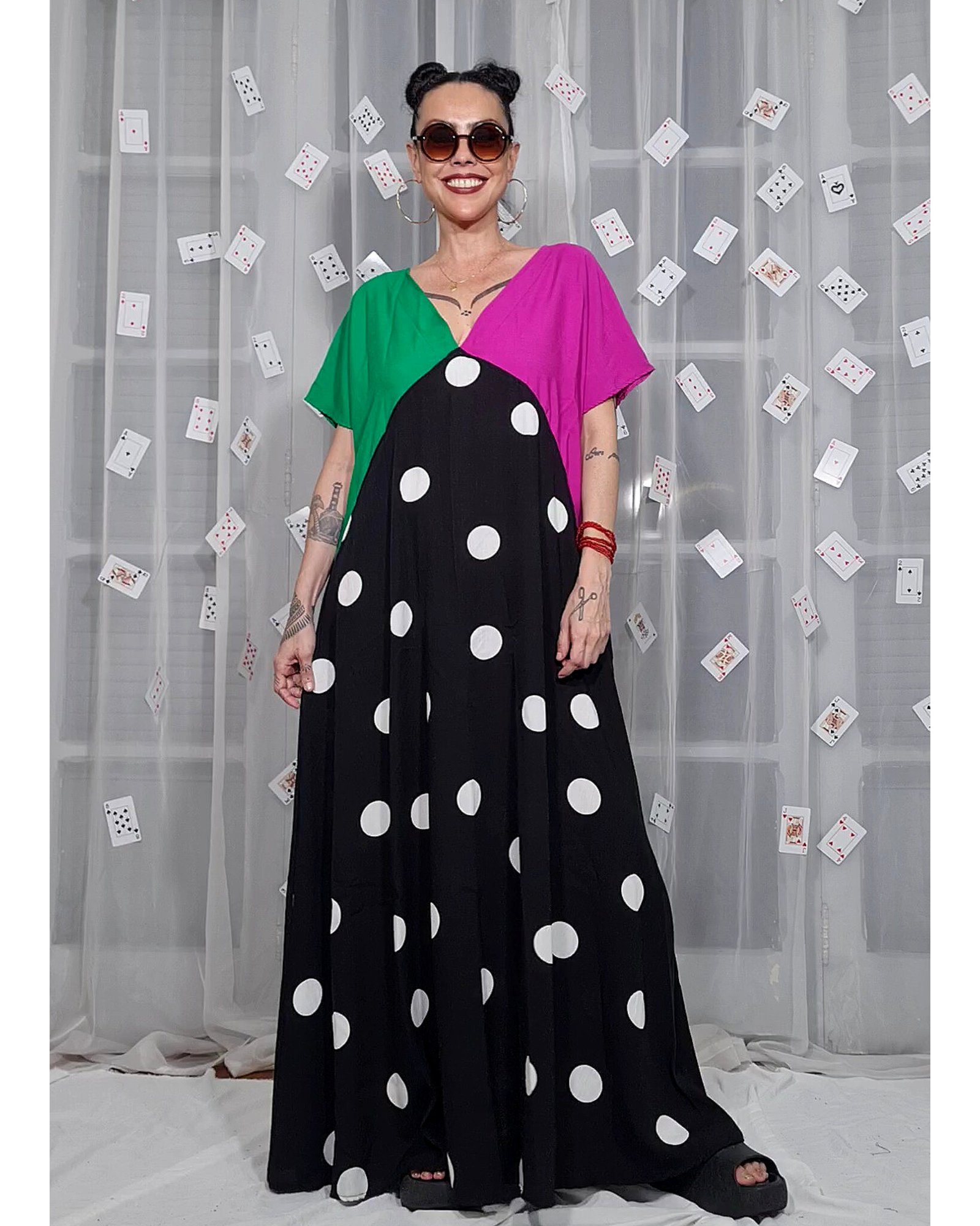 VESTIDO ELKE BOLAS, FÚCSIA E VERDE