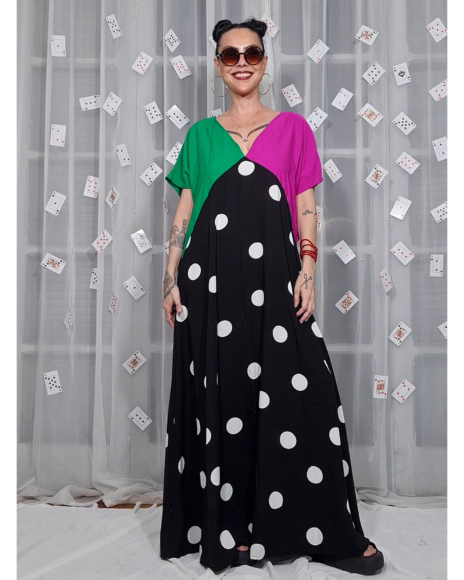 VESTIDO ELKE BOLAS, FÚCSIA E VERDE - Imagem 3