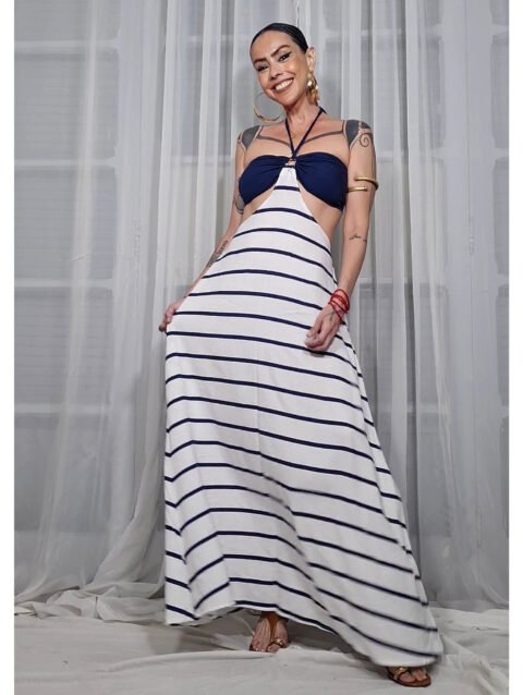 VESTIDO CHER LONGO LISTRADO ALTO MAR