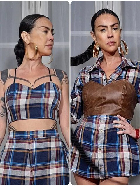 TOP CORSET DUPLA FACE COURO MARROM E FLANELA XADREZ TEXAS