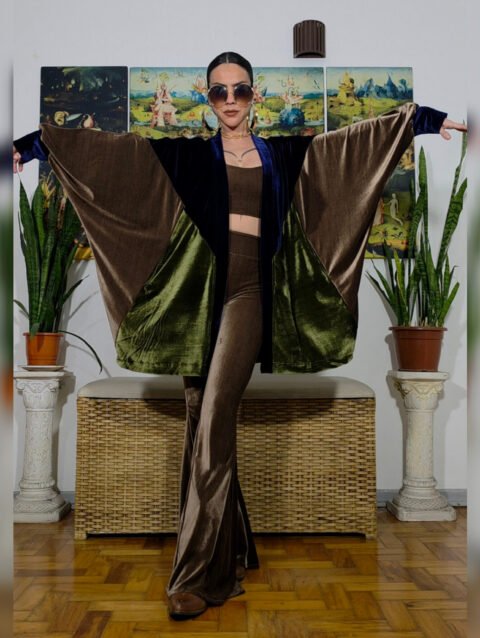 KIMONO FÊNIX VELUDO MARINHO, MARROM E VERDE