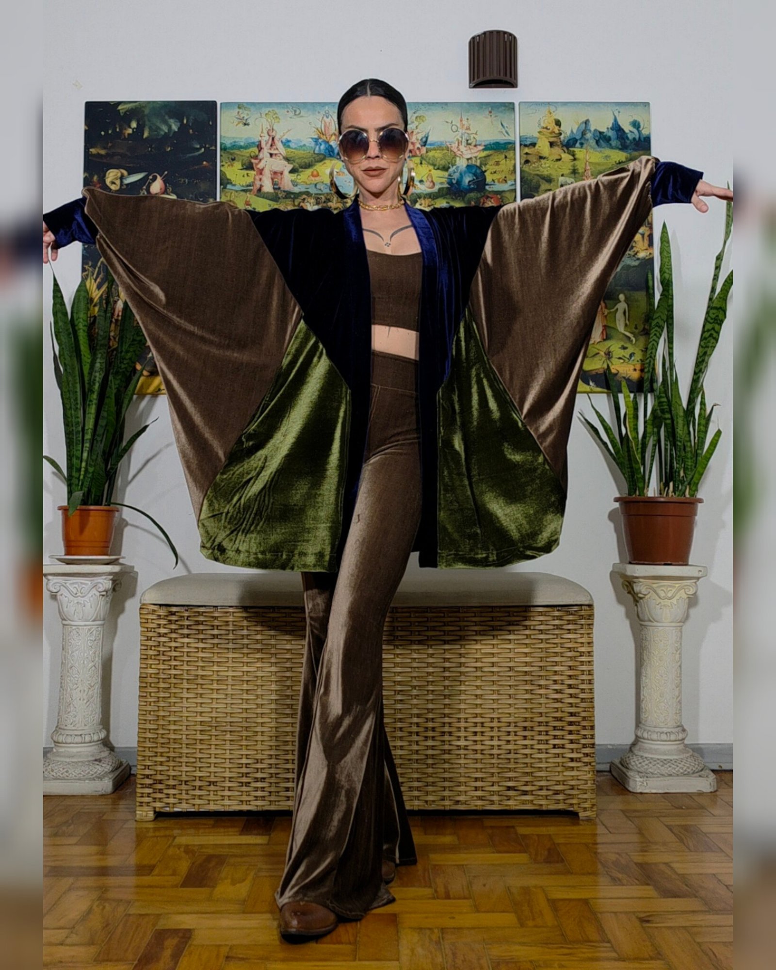 KIMONO FÊNIX VELUDO MARINHO, MARROM E VERDE