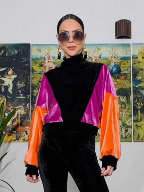 BLUSA BÁRBARA VELUDO PRETO, PINK, LARANJA